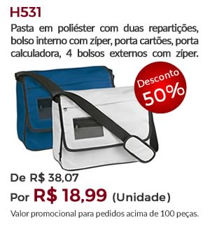 H531 - Pasta em poliéster com duas repartições, bolso interno com zíper, porta cartões, porta calculadora, 4 bolsos externos com zíper.