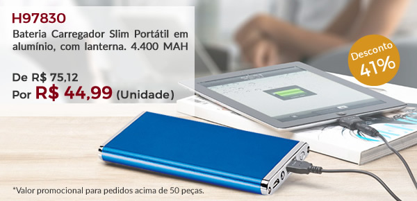 H97830 - Bateria Carregador Slim Portátil em alumínio, com lanterna. 4.400 MAH