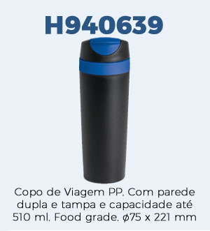 H940639 Copo de Viagem PP. Com parede dupla e tampa e capacidade até 510 ml. Food grade. ø75 x 221 mm