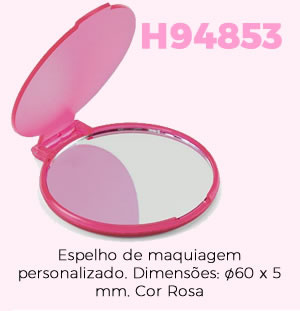 H94853 Espelho de maquiagem personalizado. Dimensões: ø60 x 5 mm. Cor Rosa