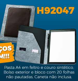 H92047 Pasta A4 em feltro e couro sintético. Bolso exterior e bloco com 20 folhas não pautadas. Caneta não inclusa. 