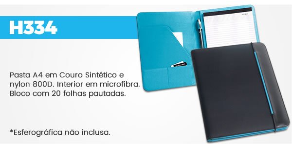 H334 Pasta A4 em Couro Sintético e nylon 800D. Interior em microfibra. Bloco com 20 folhas pautadas.