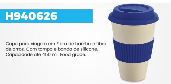 H940626 Copo para viagem em Fibra de bambu e fibra de arroz. Com tampa e banda de silicone. Capacidade até 450 ml. Food grade.