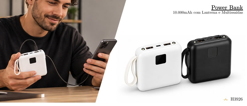 Power Bank 10.000mAh com Lanterna e Multissaídas Personalizado - H3926