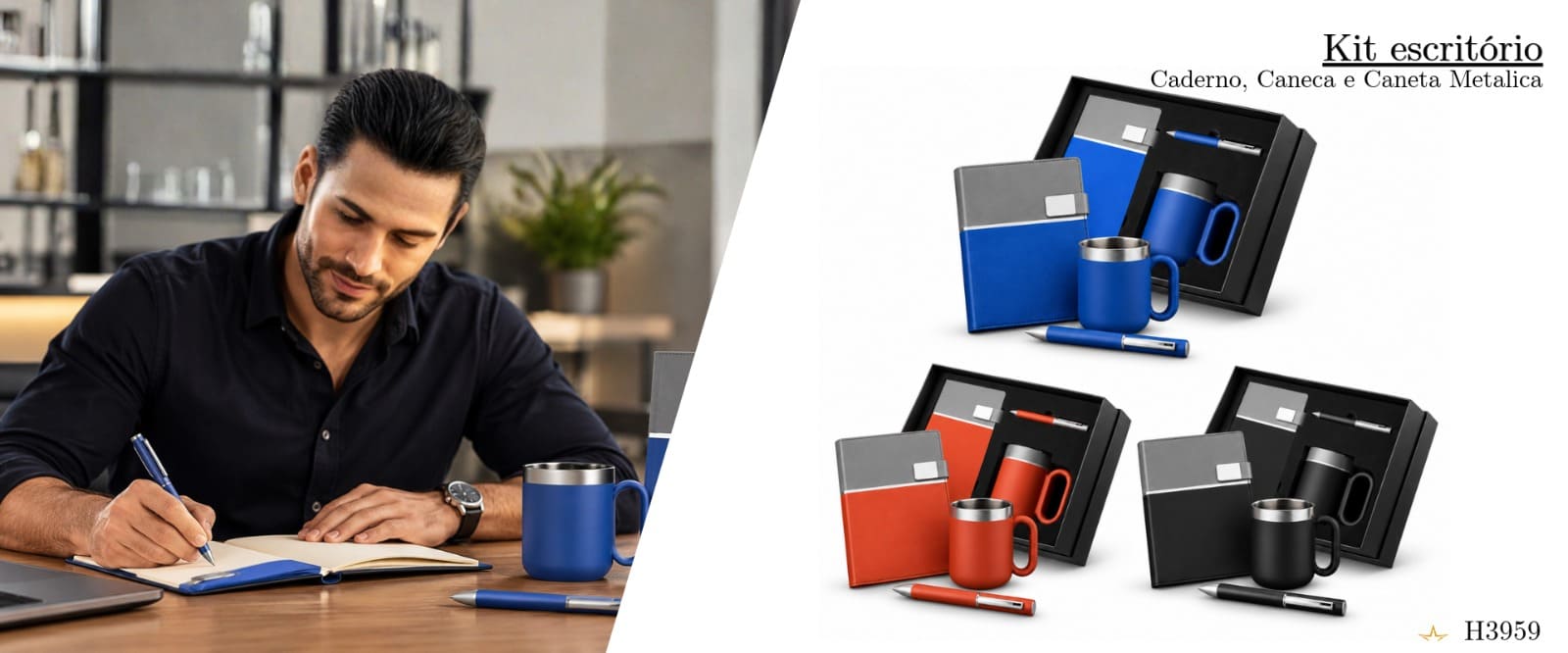 Kit Escritório Caderno, Caneca e Caneta Metálica Personalizado - H3959
