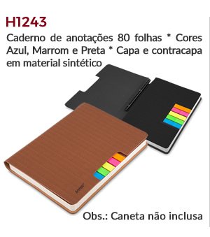 H1243 - Caderno de anotações 80 folhas * Cores Azul, Marrom e Preta * Capa e contracapaem material sintético