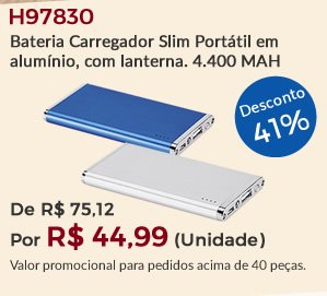 Bateria Carregador Slim Portátil em alumínio, com lanterna. 4.400 MAH H97830