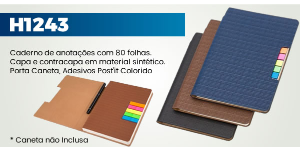 H1243 Caderno de anotações com 80 folhas. Capa e contracapa em material sintético.Porta Caneta, Adesivos Post’it Colorido