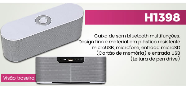 H1398 Caixa de som bluetooth multifunções. Design fino e material em plástico resistente microUSB, microfone, entrada microSD(Cartão de memória) e entrada USB (Leitura de pen drive) 