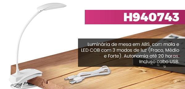 H940743 Luminária de mesa em ABS, com mola e LED COB com 3 modos de luz (Fraco, Médio e Forte). Autonomia até 20 horas. Incluso cabo USB. 
