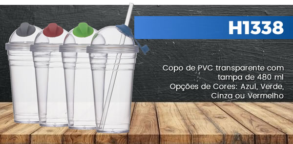 H1338 Copo de PVC transparente com tampa de 480 ml Opções de Cores: Azul, Verde, Cinza ou Vermelho