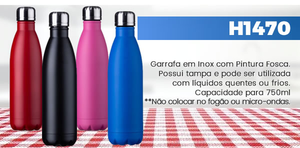 H1470 Garrafa em Inox com Pintura Fosca. Possui tampa e pode ser utilizada com líquidos quentes ou frios.Capacidade para 750ml **Não colocar no fogão ou micro-ondas.