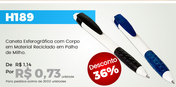 H189 Caneta Esferográfica com Corpo em Material Reciclado em Palha de Milho. Por R$ 0,73 unidade