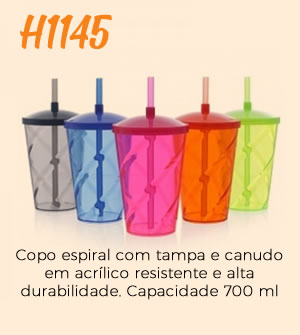 H1145 Copo espiral com tampa e canudo em acrílico resistente e alta durabilidade. Capacidade 700 ml