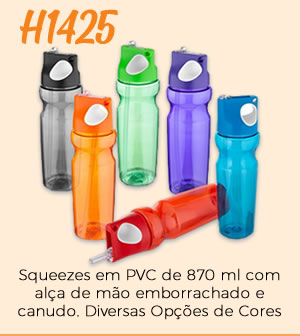 H1425 Squeezes em PVC de 870 ml com alça de mão emborrachado e canudo. Diversas Opções de Cores