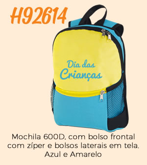 H92614 Mochila 600D, com bolso frontal com zíper e bolsos laterais em tela. Azul e Amarelo