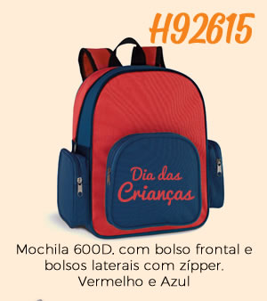 H92615 Mochila 600D, com bolso frontal e bolsos laterais com zípper.Vermelho e Azul