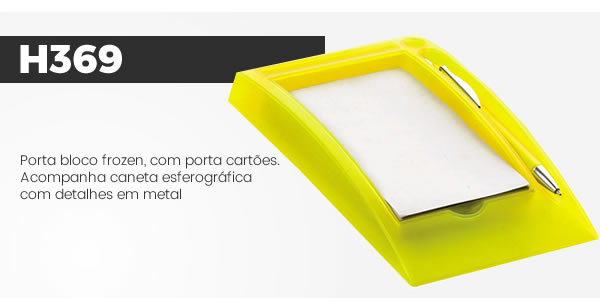 H369 Porta bloco frozen, com porta cartões. Acompanha caneta esferográfica com detalhes em metal