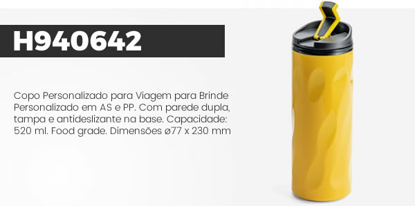 H940642 Copo Personalizado para Viagem para Brinde Personalizado em AS e PP. Com parede dupla, tampa e antideslizante na base. Capacidade: 520 ml. Food grade. Dimensões ø77 x 230 mm