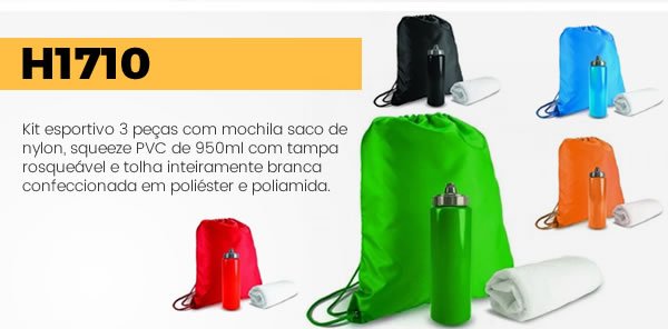H1710 Kit esportivo 3 peças com mochila saco de nylon, squeeze PVC de 950ml com tampa rosqueável e tolha inteiramente branca confeccionada em poliéster e poliamida.