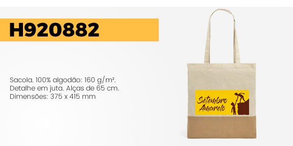 H920882 Sacola. 100% algodão: 160 g/m². Detalhe em juta. Alças de 65 cm.Dimensões: 375 x 415 mm