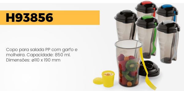 H93856 Copo para salada PP com garfo e molheira. Capacidade: 850 ml.Dimensões: ø110 x 190 mm