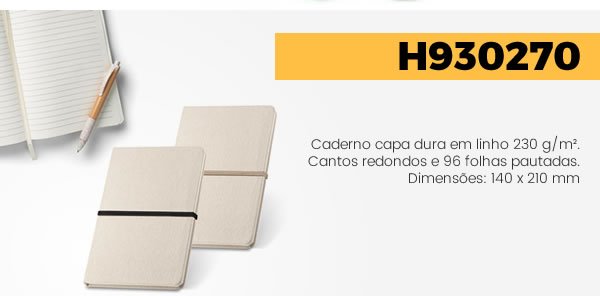 H930270 Caderno capa dura em linho 230 g/m². Cantos redondos e 96 folhas pautadas.Dimensões: 140 x 210 mm