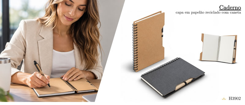 Caderno Capa em Papelão Reciclado Com Caneta Personalizado - H3902
