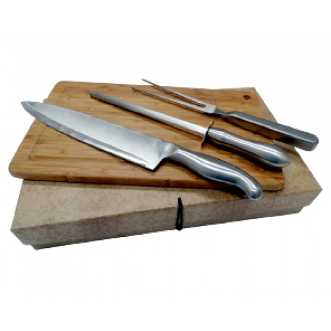 Kit Caixa Craft, tábua em bambu, faca, chaira e garfo Personalizado para Brindes H397