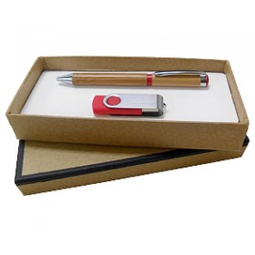 Kit Caneta de Bambu, Pen Drive Giratório 4gb e Caixa Craft Personalizada para Brindes H194