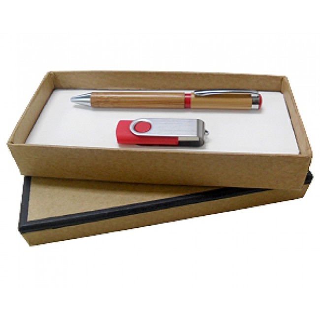 Kit Caneta de Bambu, Pen Drive Giratório 4gb e Caixa Craft Personalizada para Brindes H194