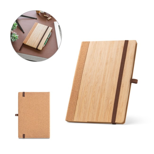 Caderno A5 Capa Dura em Folha de Bambu e Cortiça com Folhas Pautadas Personalizado H930281