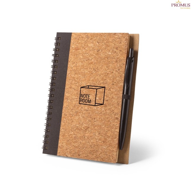 Caderno B6 em Cortiça e PET Reciclado com Caneta de Fibra de Trigo Personalizado H930285