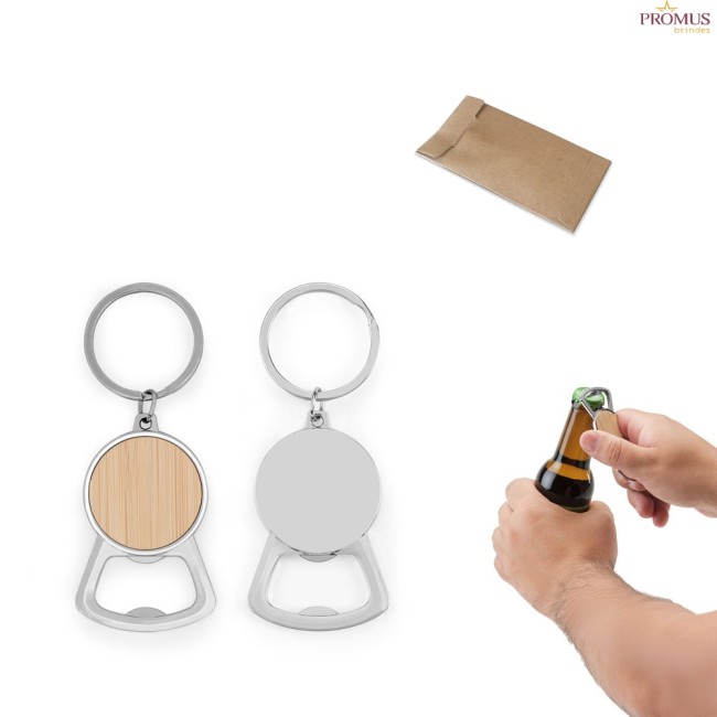 Chaveiro Redondo com Abridor de Garrafas em Ferro, Zinco e Bambu Personalizado H950120