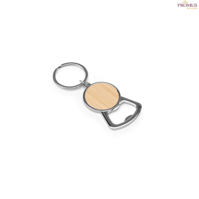 Chaveiro Redondo com Abridor de Garrafas em Ferro, Zinco e Bambu Personalizado H950120