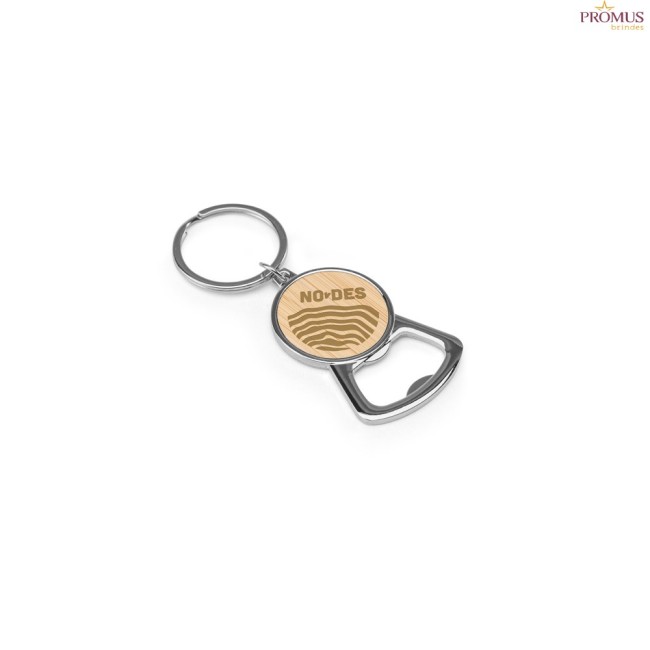 Chaveiro Redondo com Abridor de Garrafas em Ferro, Zinco e Bambu Personalizado H950120
