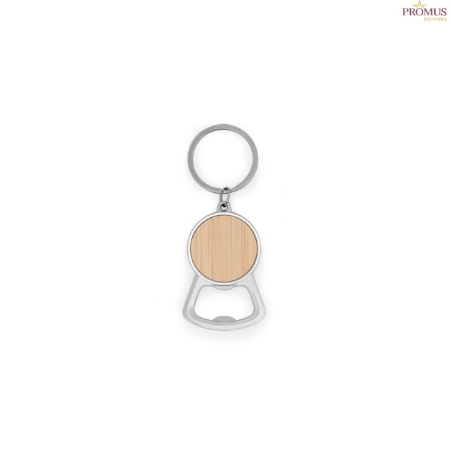 Chaveiro Redondo com Abridor de Garrafas em Ferro, Zinco e Bambu Personalizado H950120