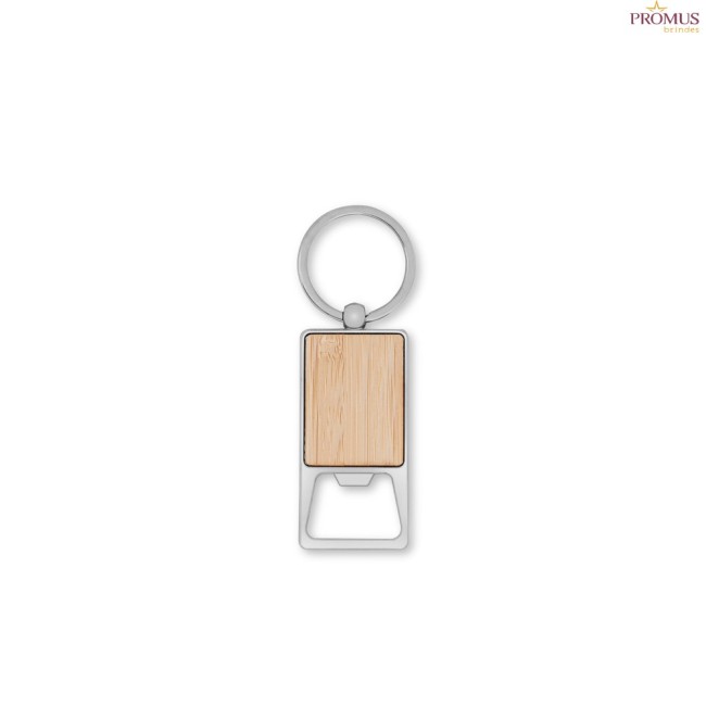 Chaveiro Retangular com Abridor de Garrafas em Liga de Zinco e Bambu Personalizado H950121