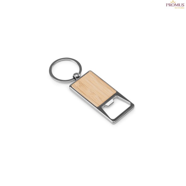 Chaveiro Retangular com Abridor de Garrafas em Liga de Zinco e Bambu Personalizado H950121
