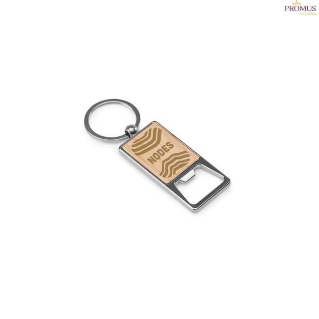 Chaveiro Retangular com Abridor de Garrafas em Liga de Zinco e Bambu Personalizado H950121
