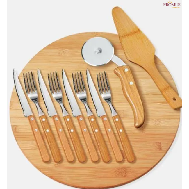 Conj. Para Pizza em Bambu/ Madeira/ Inox 35 cm 11 Pçs Personalizado - H3502