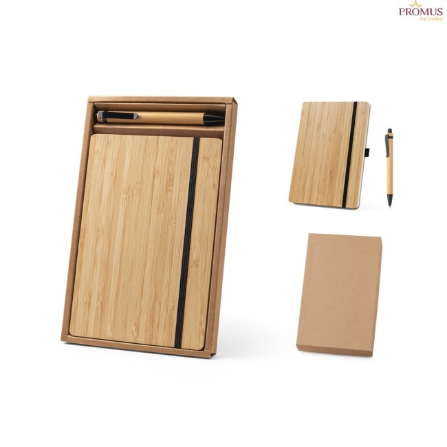 Conjunto Caderno A5 e Caneta em Bambu com Páginas Pautadas Personalizado H930624