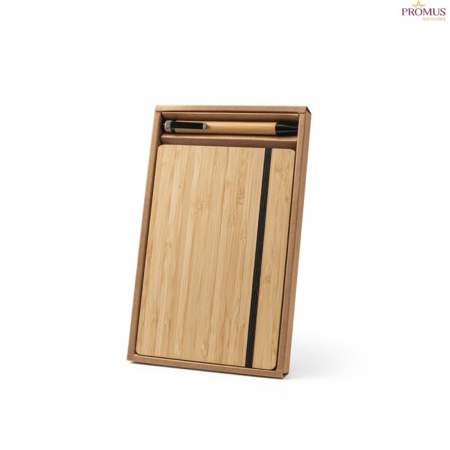 Conjunto Caderno A5 e Caneta em Bambu com Páginas Pautadas Personalizado H930624