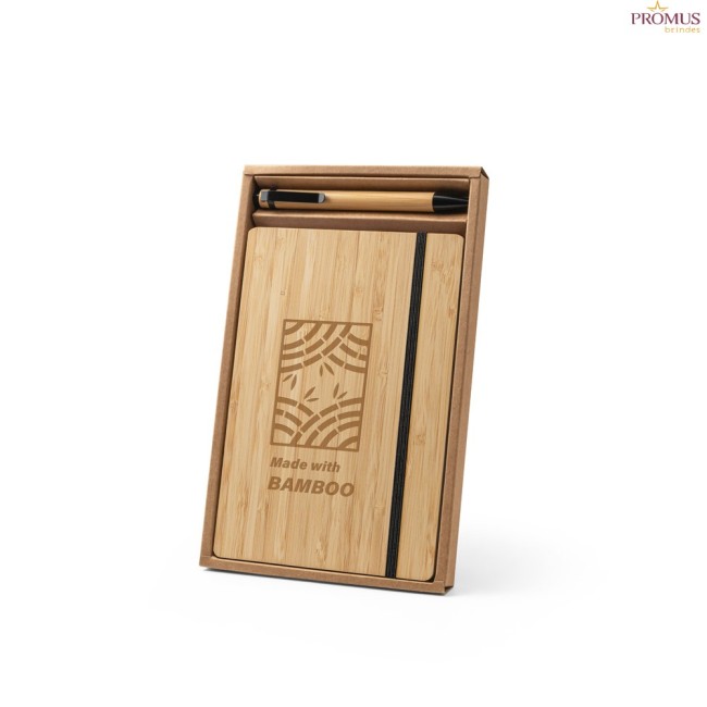 Conjunto Caderno A5 e Caneta em Bambu com Páginas Pautadas Personalizado H930624