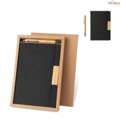 Conjunto Caderno A5 em Poliéster Reciclado e Caneta em Bambu Personalizado H930655