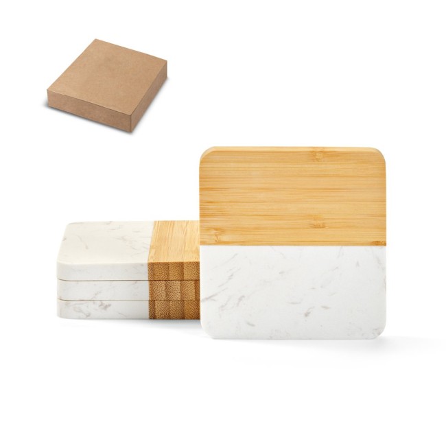 Conjunto de 4 Porta Copos em Mármore e Bambu Personalizados H940338