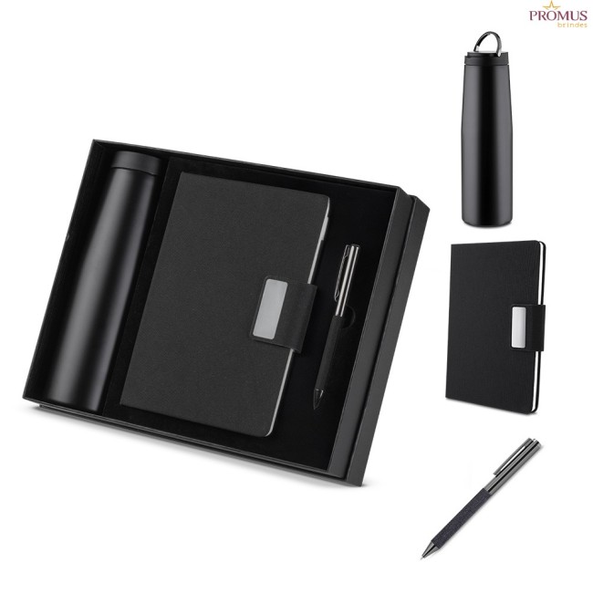 Kit Escritório Caderno, garrafa e Caneta Metálica Personalizado - H3328