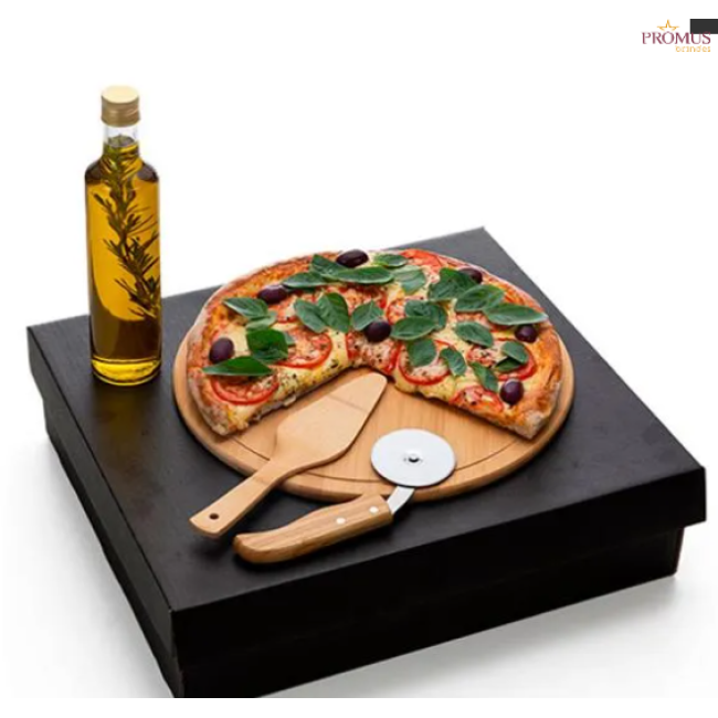Kit Pizza com Garrafa - Bambu/ Inox/ Vidro C/ 4 Peças - H3501