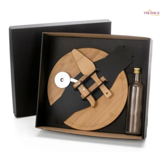 Kit Pizza com Garrafa - Bambu/ Inox/ Vidro C/ 4 Peças - H3501