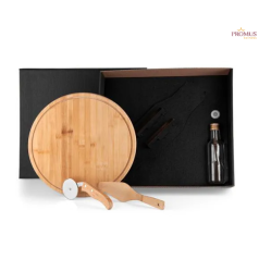 Kit Pizza com Garrafa - Bambu/ Inox/ Vidro C/ 4 Peças - H3501